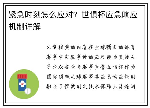紧急时刻怎么应对？世俱杯应急响应机制详解