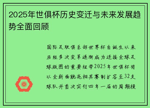 2025年世俱杯历史变迁与未来发展趋势全面回顾