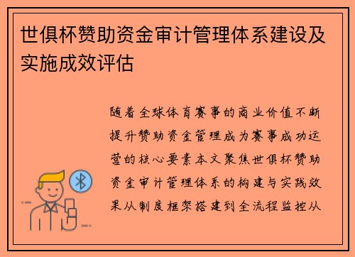 世俱杯赞助资金审计管理体系建设及实施成效评估