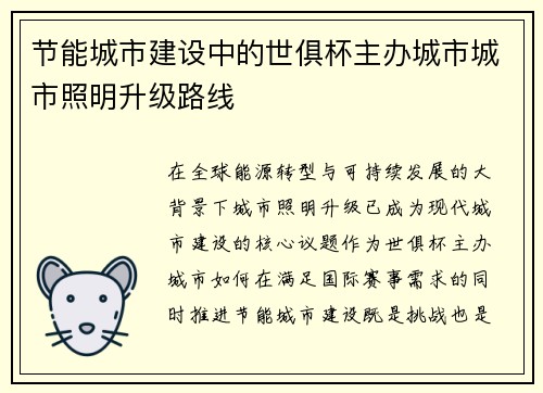 节能城市建设中的世俱杯主办城市城市照明升级路线