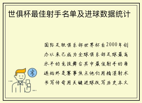 世俱杯最佳射手名单及进球数据统计